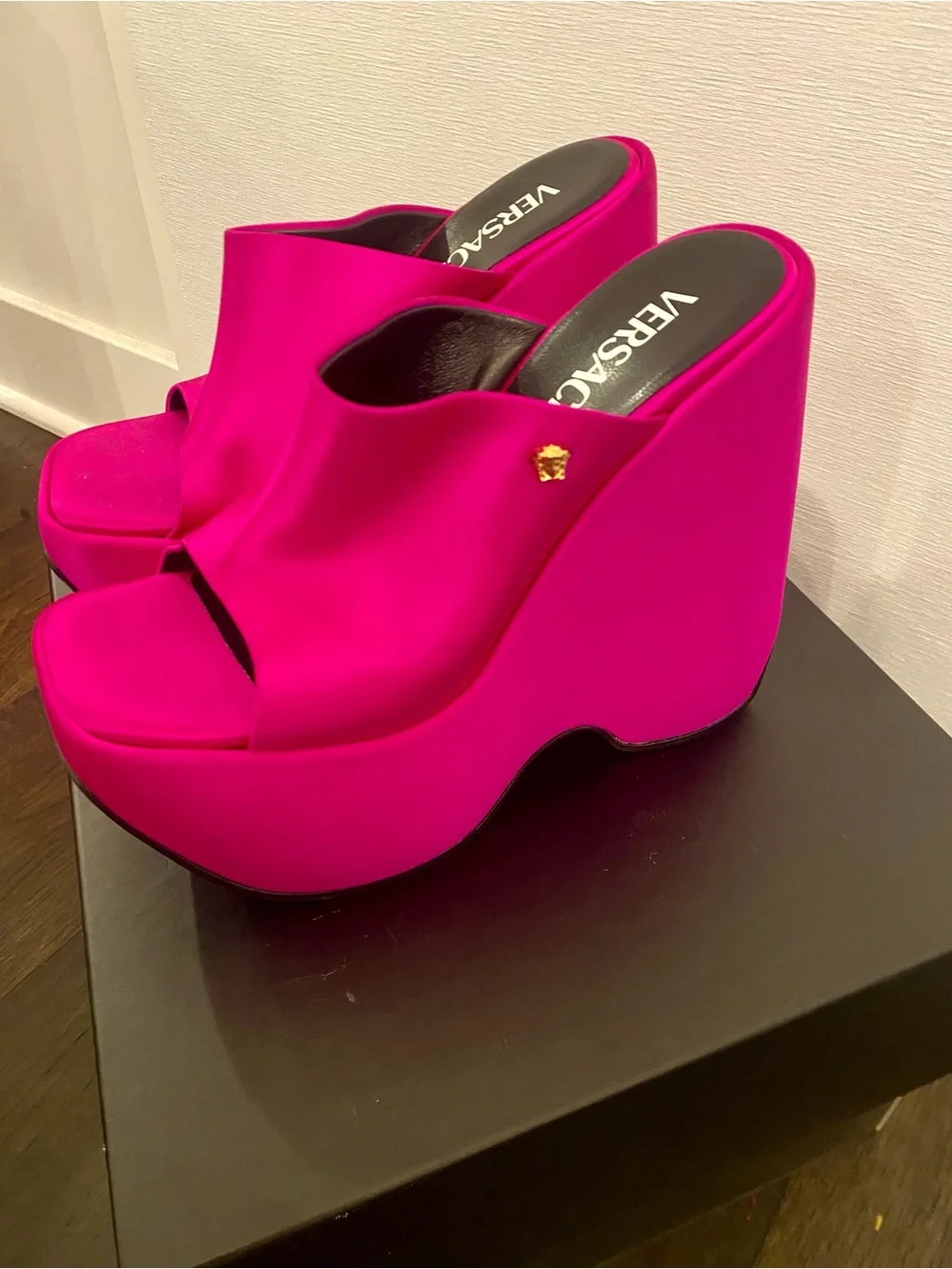Versace Women's Neon Fuchsia Platform Wedge Mules